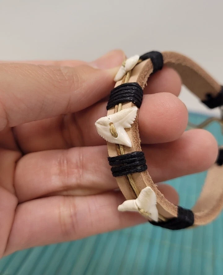 Fossil Shark Tooth Bracelet Surfer Bracelet Shark Teeth Bracelet Cuff Leather - Image 2 of 4