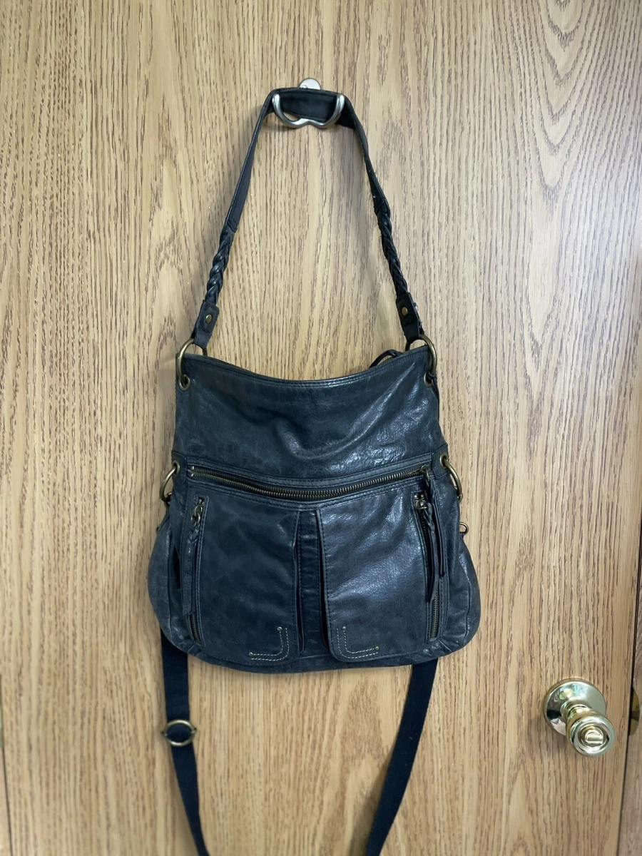 The Sac Black Leather Cross Body Purse Fold Over Distressed look