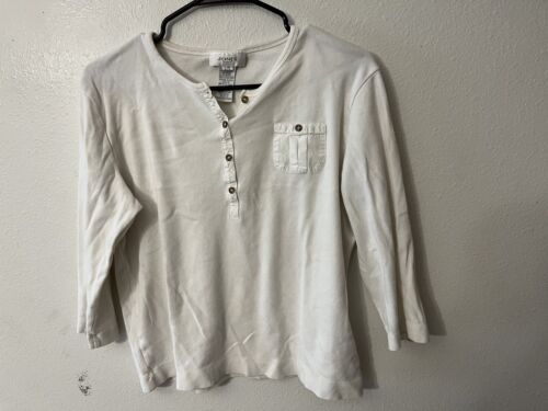 Jones Sport Damen T-Shirt weiß einfarbig 3/4 Ärmel 1/4 Druckknopf Henley Large