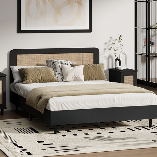 Bed Frame Queen Double King Single Size Beds Real Rattan Headboard