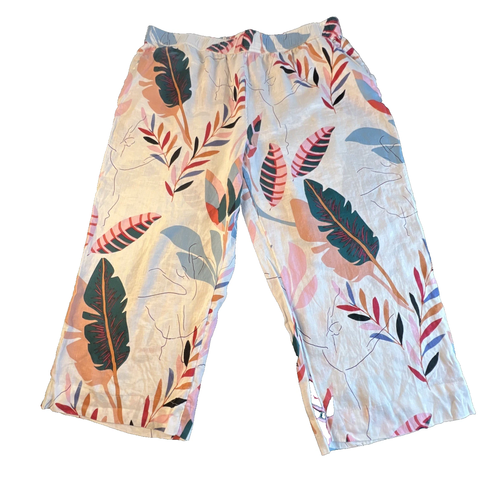 Cynthia Rowley 100% Linen Wide Leg Pants 3X Tropical Print Crop Pockets Boho