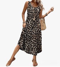Brown Black Leopard Animal Print Midi Dress Sleeveless Square Neck Pleated L