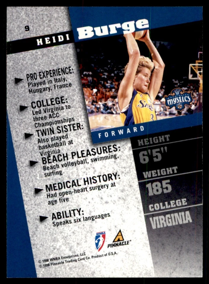 1998-99 Pinnacle WNBA Heidi Burge RC Washington Mystics #9 - Image 2 of 2