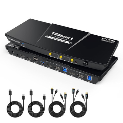 USB 3.0 Displayport + HDMI KVM Switch 2 Monitors 2 Computers 4K@60Hz, Dual Monit
