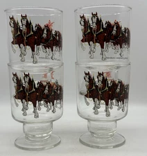 Vintage Budweiser Beer Footed Clydesdale Horses Pedestal Beer Glass Goblet x4