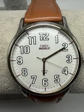 Timex 1990 New Battery Easy Reader Mens Watch 35MM 7.5" Leather Band Indiglo