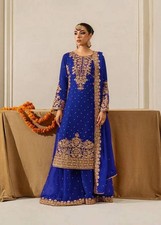 Faux Georgette Blue Palazzo Suit With Four-Side Sequence Coded Lace Dupatta