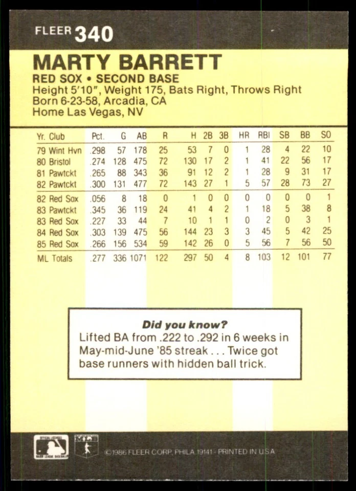 1986 Fleer Marty Barrett Baseball Cards #340 - Image 2 of 2