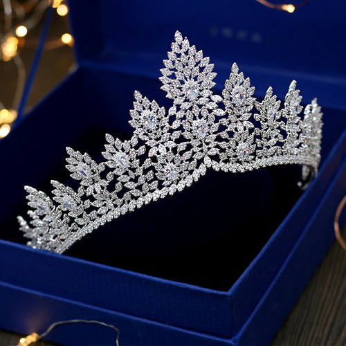 Corona tiara de boda reina hoja circonita cúbica de lujo para mujer - Imagen 2 de 5