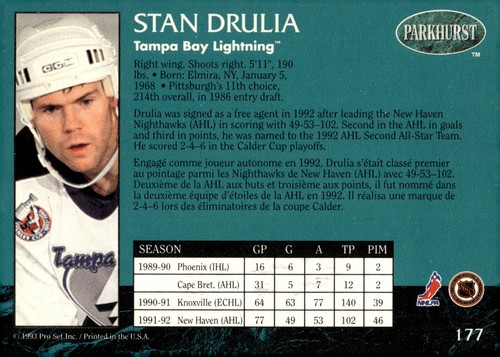 Stan Drulia - Signed 1992-93 Pro Set Parkhurst Calder Candidate Card #177 - Picture 2 of 2