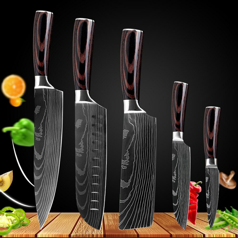 5 Piece Kitchen Knives Set Japanese Damascus Pattern Stainless Steel Chef Knife