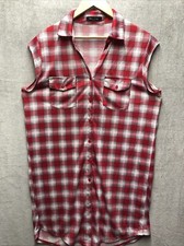 New Look Shirt Dress Size Unknown Red Pink Plaid Cut Off Sleeveless 