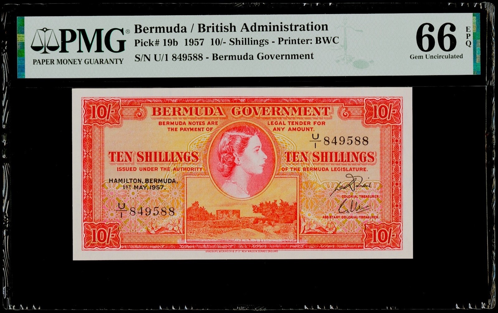 10/- Shillings 1957 Bermuda / British Administration PMG 66 EPQ Gem Uncirculated