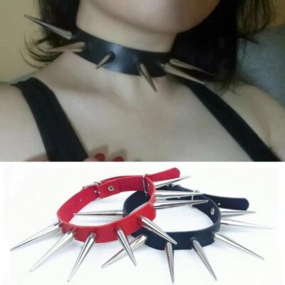 Long Spike Choker Punk Faux Leather Collar Women Men Cool Big Rivets  Studded