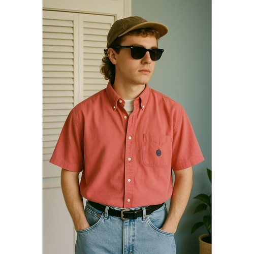 Classic Men's Size Large Button Shirt Short Sleeve Coral 80's Logo Bugle Boy - Picture 2 of 10