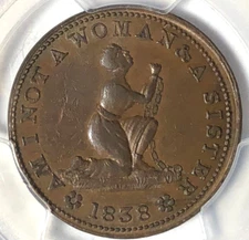 1838 Hard Times Token Am I Not a Woman HT-81 PCGS AU55:  Nice Detail & Bn Hues