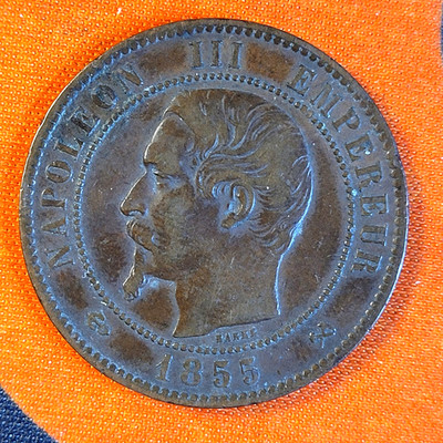1855 France Dix Centimes Coin Napoleon III Empereur Mintmark B Anchor Privy