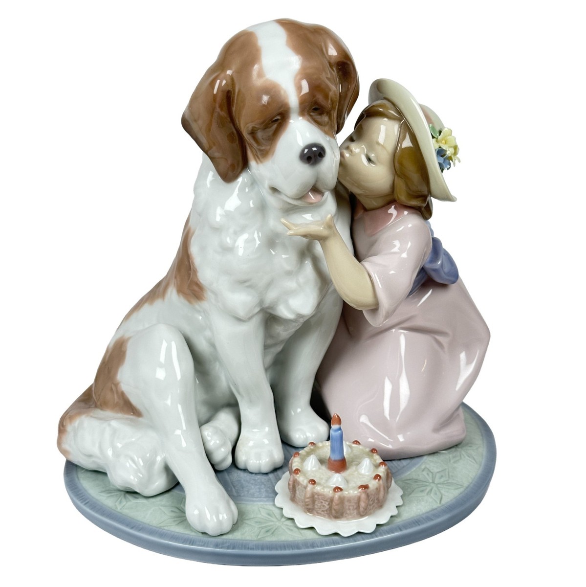 Lladro 6632 A Birthday Kiss Girl Saint Bernard Dog Cake Figurine