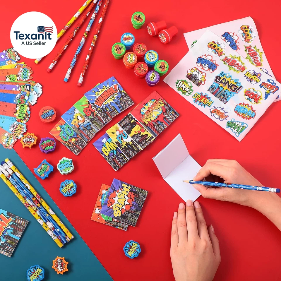 Juego de 168 piezas de favoritos de fiesta de héroes incluye mini cuaderno de cumpleaños de héroe tema stic Foto 4 de 4