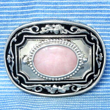 Western Floral Scroll Cowboy Belt Buckle Pink Quartz Stone Vtg 80s 90s  .TYC881