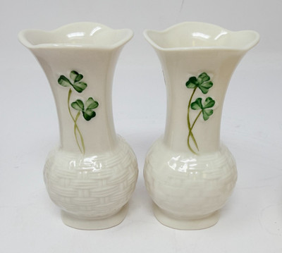 Lot of 2 Vintage Belleek Ireland Small Bud Vases Shamrocks Clovers Basketweave