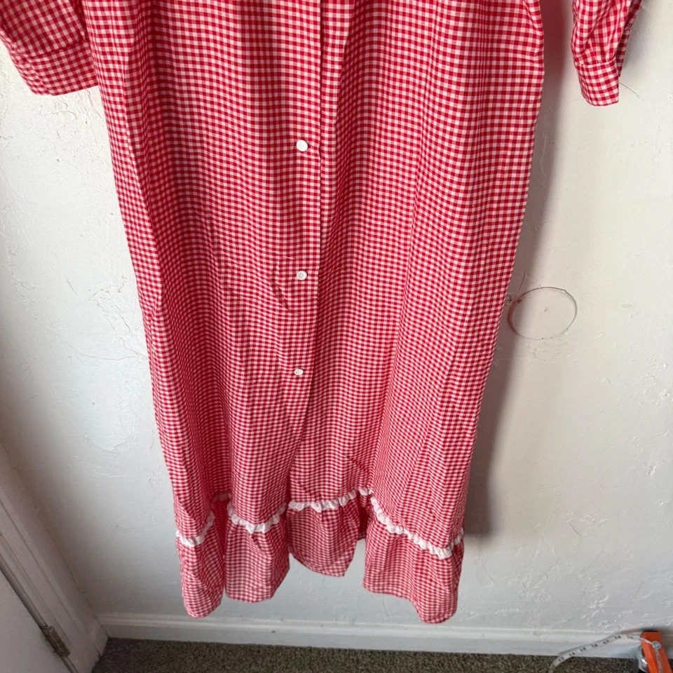 Camisón vintage Katz rojo guinga con volantes ribete de encaje manga larga cabaña prarie Foto 3 de 4