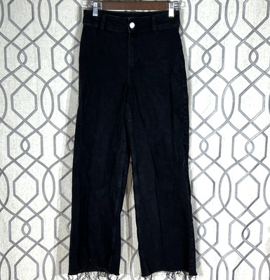 Mango MNG Catherine Wide Leg Jeans Womens Size 2 Black Denim Designer Raw Hem