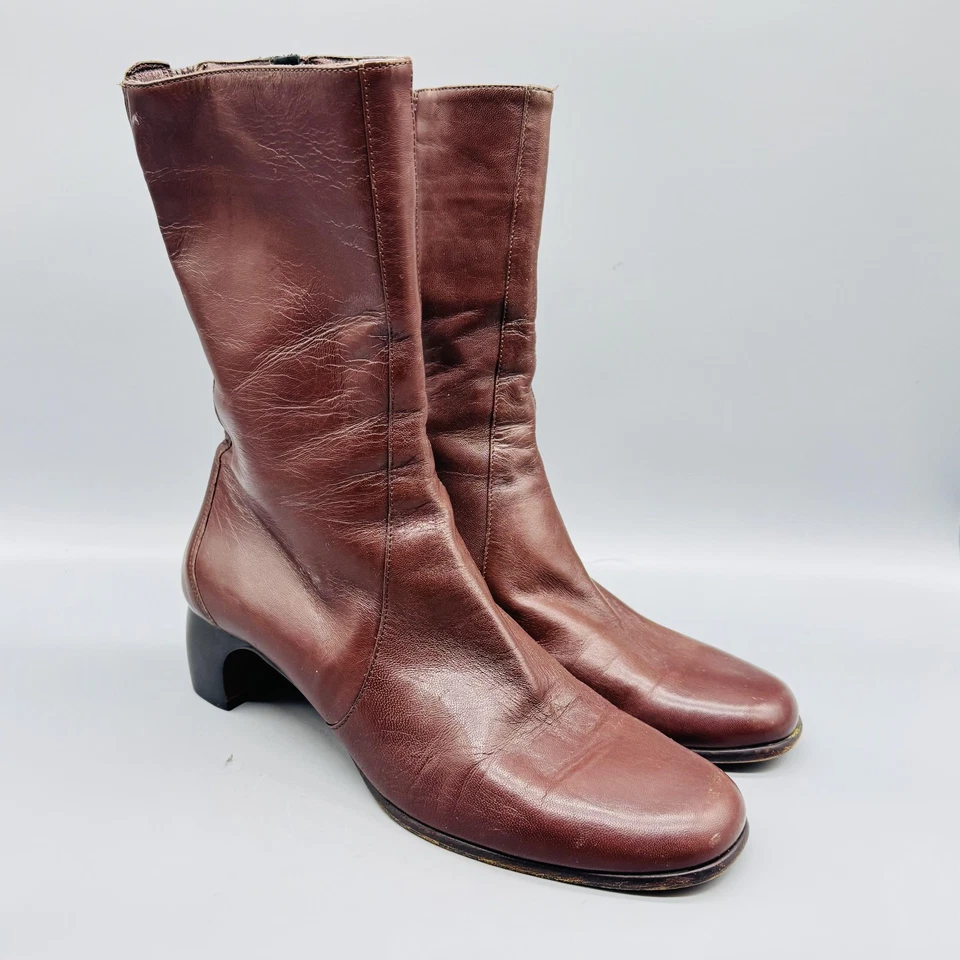 Cole Haan Botas Mujer 9 Marrón Cuero Media Pantorrilla Bloque Tacón Cremallera Años 90 De Colección Italia Foto 2 de 4