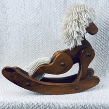 Vtg Rocking Horse Brown Wooden Yarn Mane Rustic Decor Moveable Articulated USA