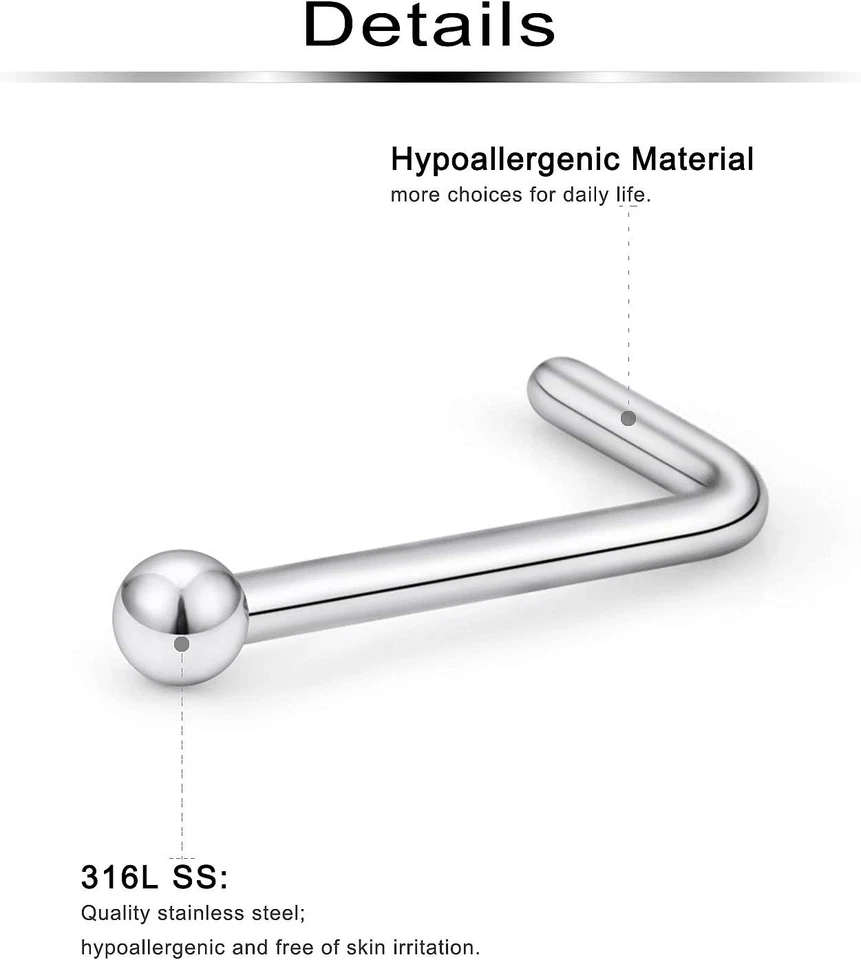 20 piezas de acero quirúrgico diamante transparente circonita cúbica micro nariz perno anillo fosa nasal pasador en forma de L  Foto 2 de 3