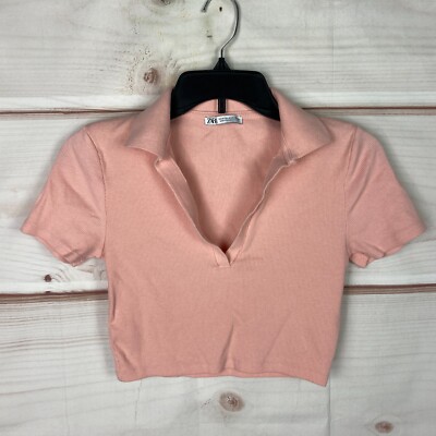 Zara Top Womens M Pink Ribbed Knit Polo Shirt Short Sleeve V-Neck Collar Cropped