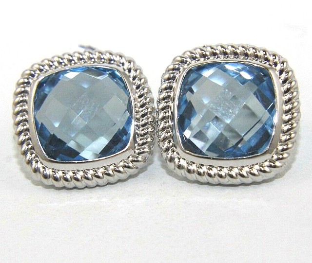 Cushion Cut Blue Topaz Square Stud Rope Earrings 14K White Gold 4.00Ct