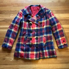 Vintage 60s Wool Plaid Peacoat Red Blue Plaid