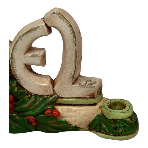 Retro NOEL Chalkware Christmas Candle Holder Beige Red Green Holly and Berries - Picture 7 of 13
