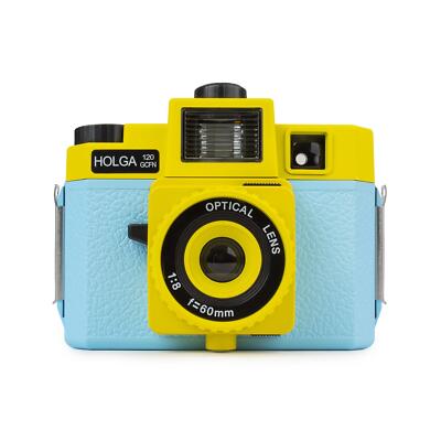 HOLGA 120 GCFN Kamera blau/gelb mit Multi Blitz und Glas Objektiv