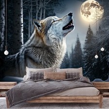 Fototapete Wolf Wald Mond Tiere Natur  Wohnzi...