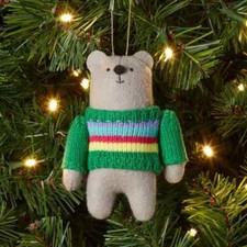 Fabric Bear Wearing Striped Sweater Christmas Tree Ornament Gray/Green