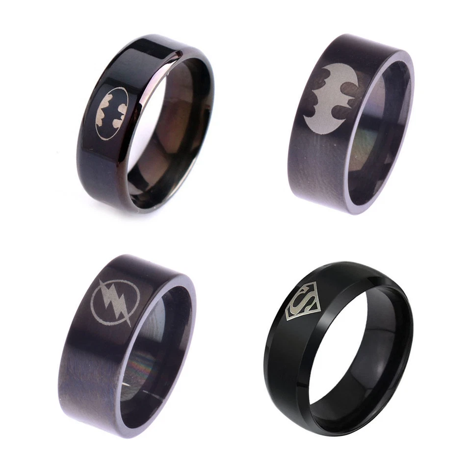 Fashion Batman Superman Hero Symbol Stainless Steel Polished Men Boy Black Rings