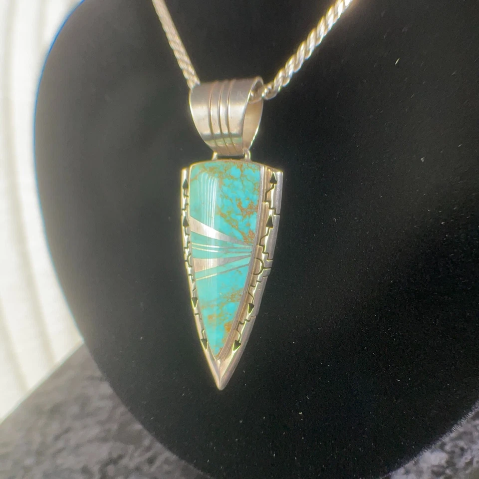 Vintage Sterling Silver Signed Zuni Tyrone Mine Turquoise Inlay Necklace Boho - Image 2 of 4