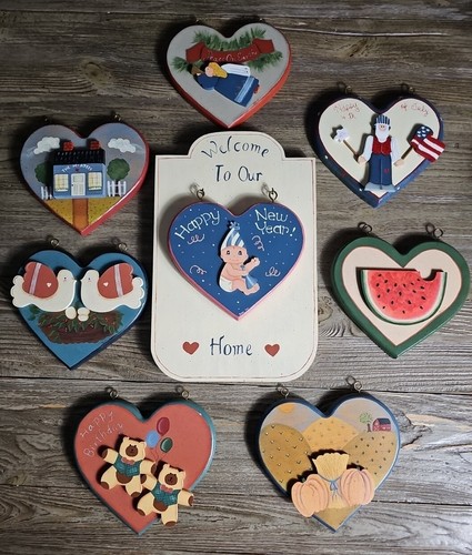 Handmade Vtg Toll Painting Interchangeable Seasons Event Heart Sign Welcome Door - Picture 2 of 21