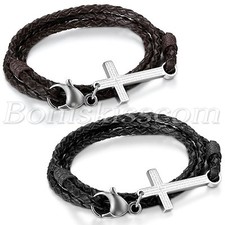 Men Women Retro Multilayer Leather Bible Lords Prayer Cross Bracelet Bangle Cuff