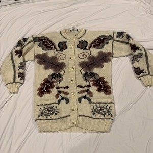 VTG Women's Sz S Norm Thompson Wool Fall Leaves Sweater Ivory Button Up
