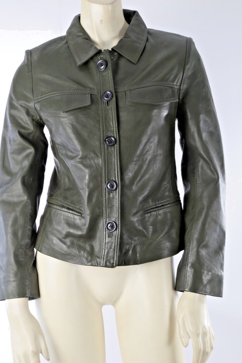 Zadig & Voltaire Liam Green Leather Button Down Collared Jacket