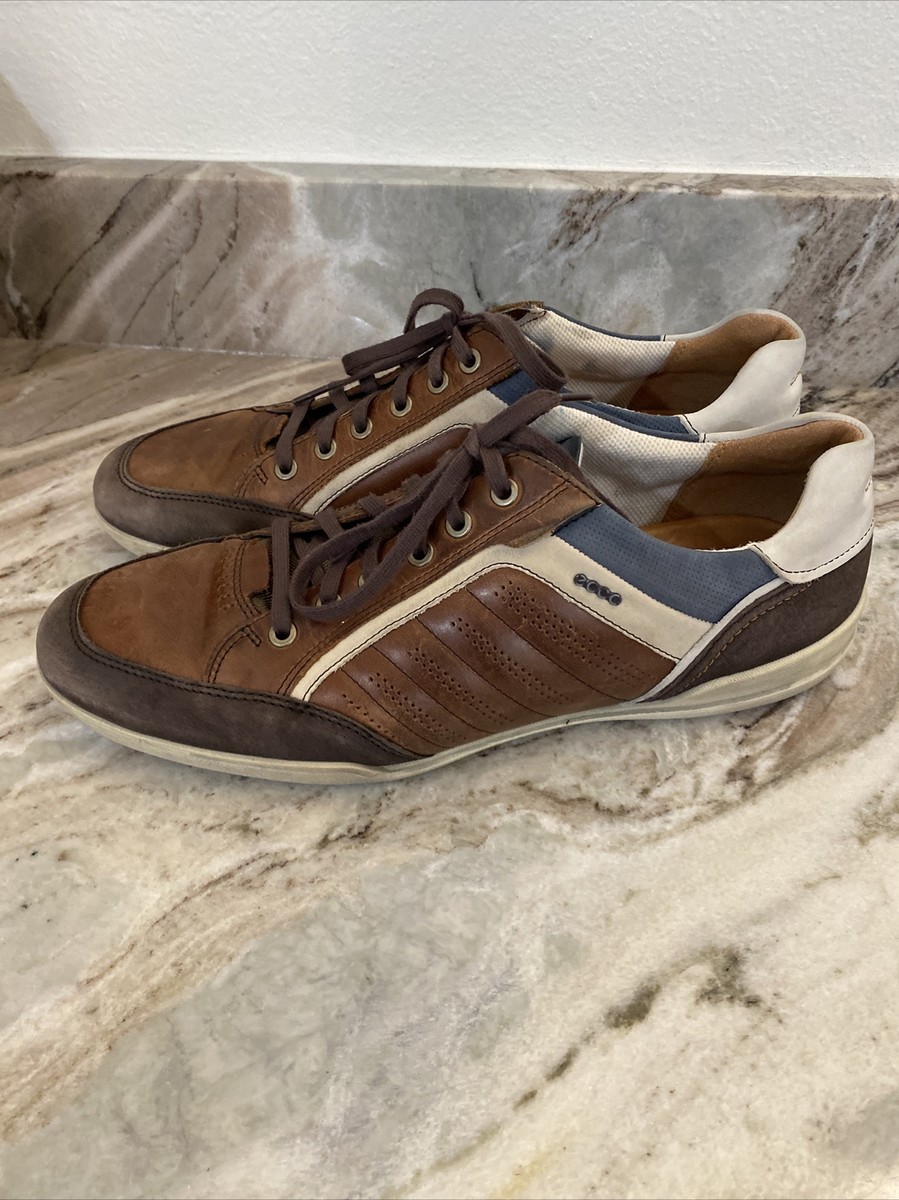 ECCO Soft Leather Brown Blue 11 45 EU Men Lace-Up Casual Sneakers