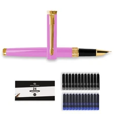 Fine Nib Fountain Pen - Includes 24 Ink Cartridges - 12 Black and 12 Blue - P...