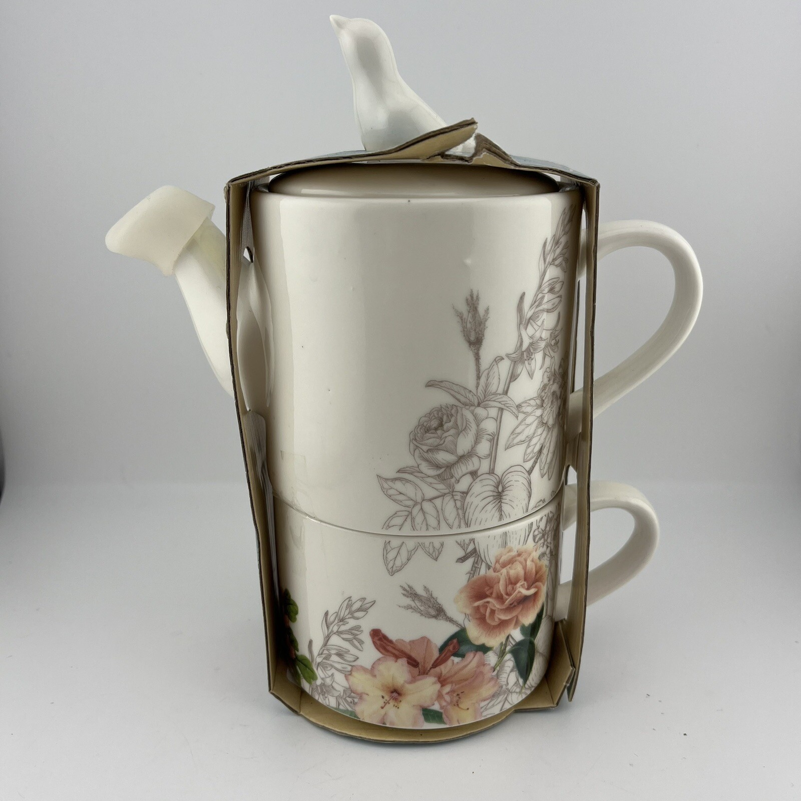 RHS Tea for One Set Teapot and Cup Mug Floral Design with Bird Lid