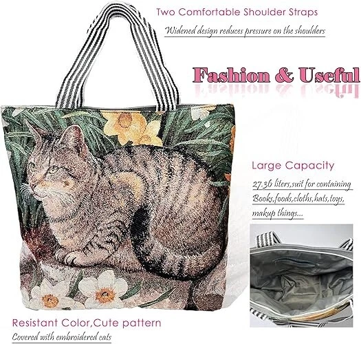 Tote Bag with Zipper Pockets CAT Printed Large Capacity Canvas Handbag for Women - Image 4 of 4