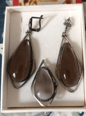 * Schmuckset Ohrringe Ring 925 Echt Silber Rauchquarz orientalisch Aserbaidschan - Bild 1 von 4