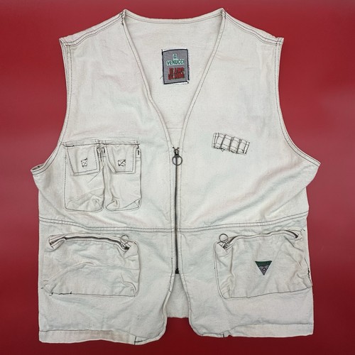Vintage 90s Gino G. Venucci Jeans Men's Size XL Beige Denim Zip-Up Utility Vest