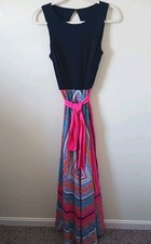 Eliza J Scarf  Maxi Dress Size 8 Black Pink Tie Waist Sleeveless Geometric Print